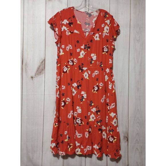 Gap Dress‎ Ladies 2x Coral Red Floral Short Sleeve Maxi Flowy Light Weight - Picture 1 of 7